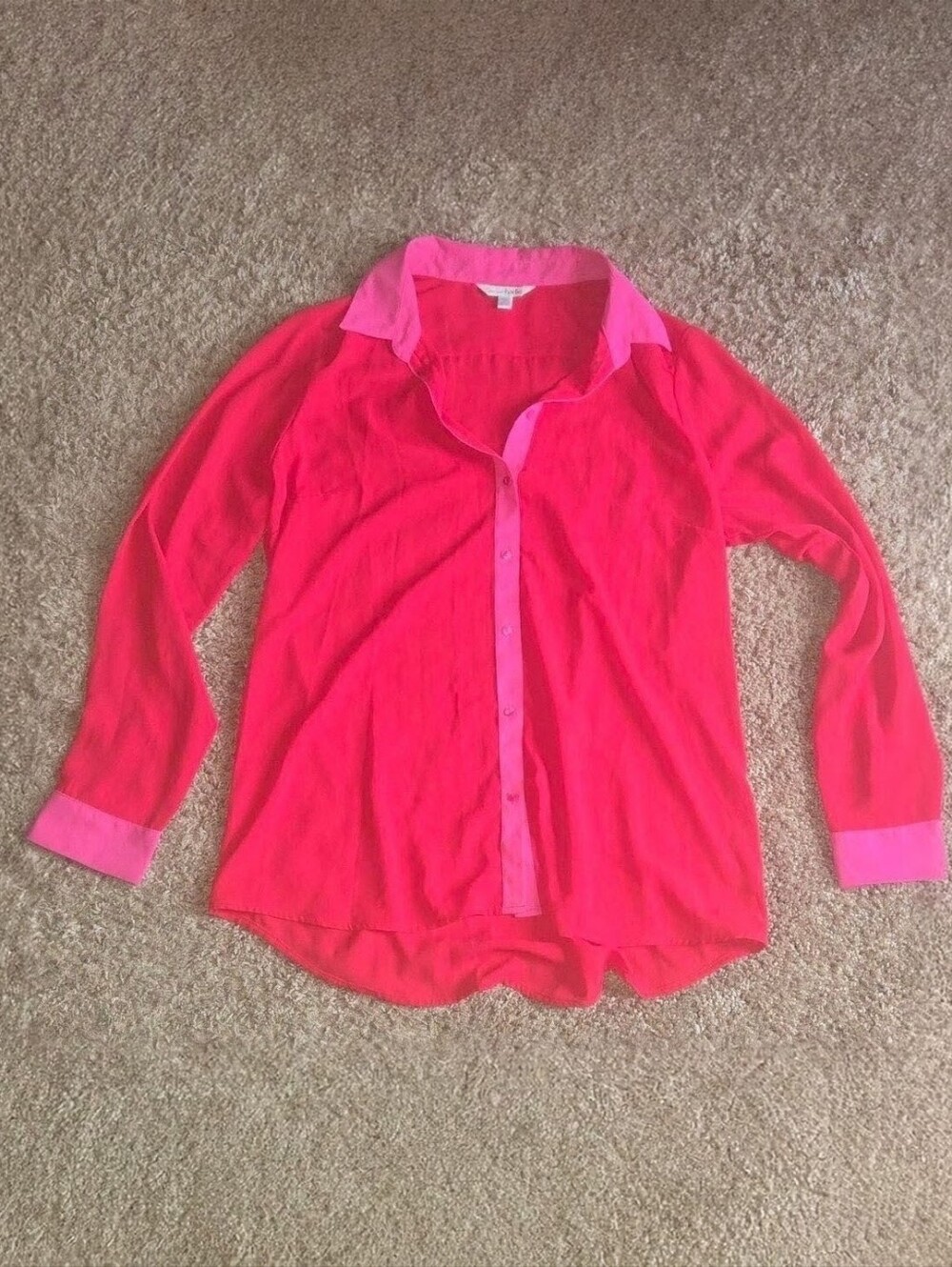 Charming Charlie Red W/Pink Button-Front Long Sleeve Shirt